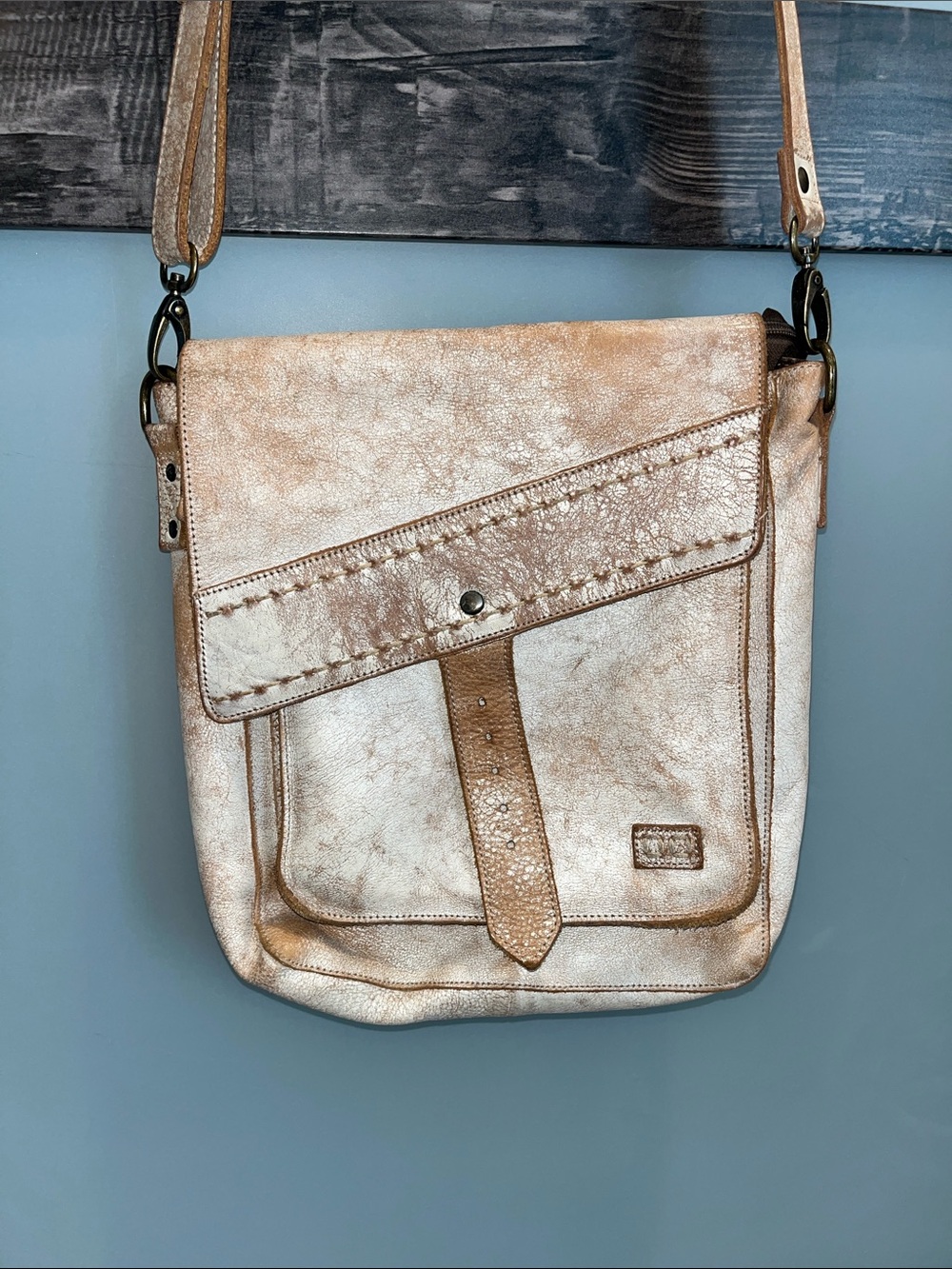 Bed Stu Distressed Cream-Tan Leather Crossbody Bag